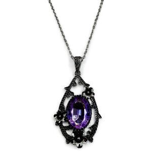 NEW Silver Glass  Purple Gemstone Floral Design Pendant Necklace